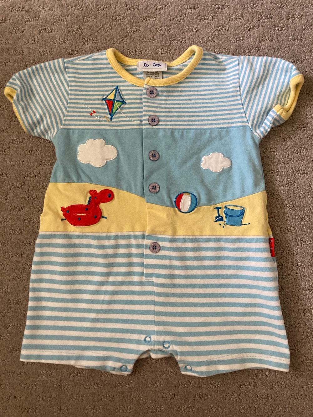Le Top striped appliqué beach romper, 9M.